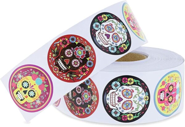 Juvale 1000 Pcs Dia de Los Muertos Skull Sticker Roll, 8 Vibrant Calavera Designs, 1.5 in, Dia de Muertos Stickers for Halloween Candy Bags, Party Favors, Decorations, Day of The Dead Decor - Image 9