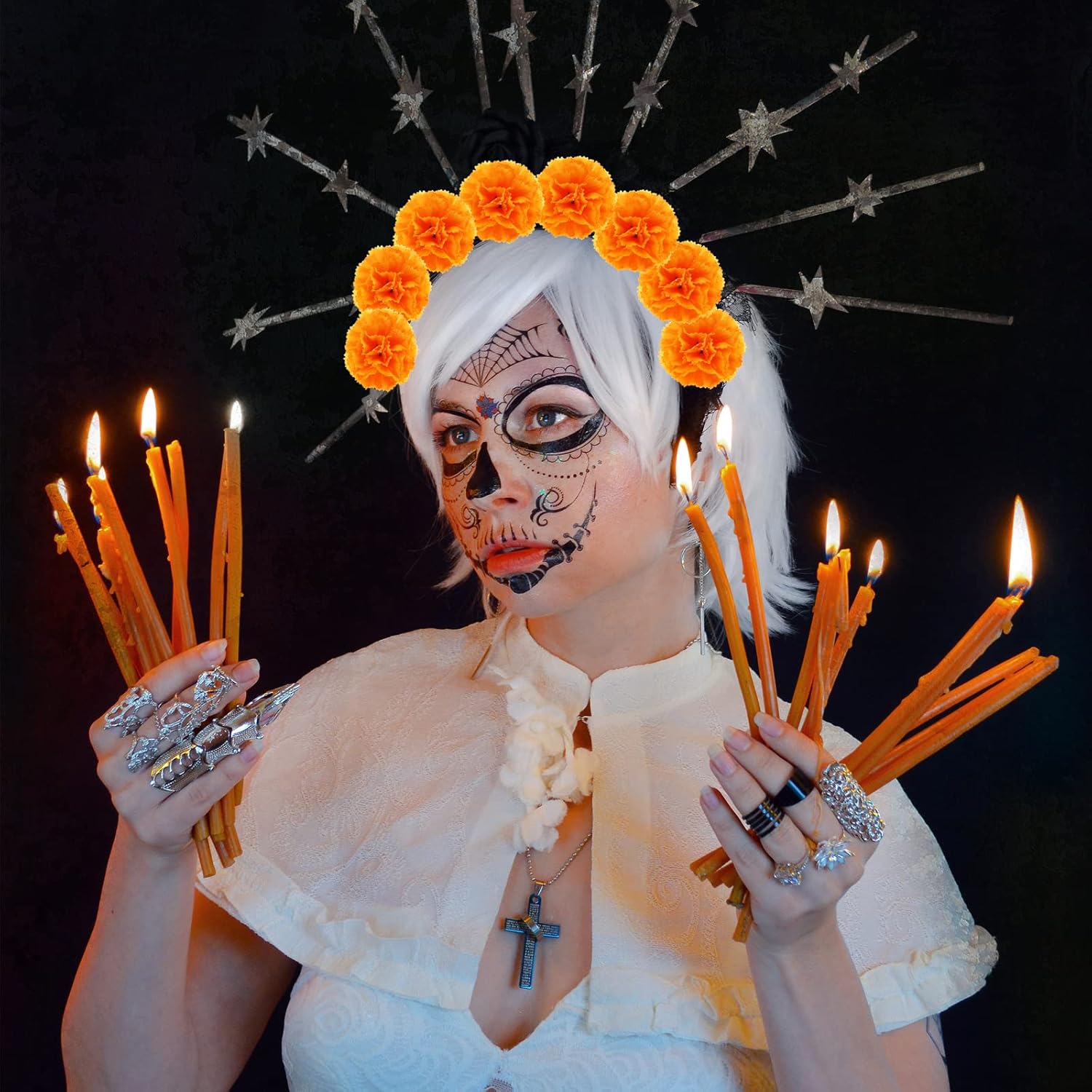 Hananona 50Pcs Artificial Marigold Flower Heads, Silk Marigold Heads Bulk Fake Flowers for Dia De Los Muertos Decor DIY Marigold Garland Day of The Dead Decorations - Image 4