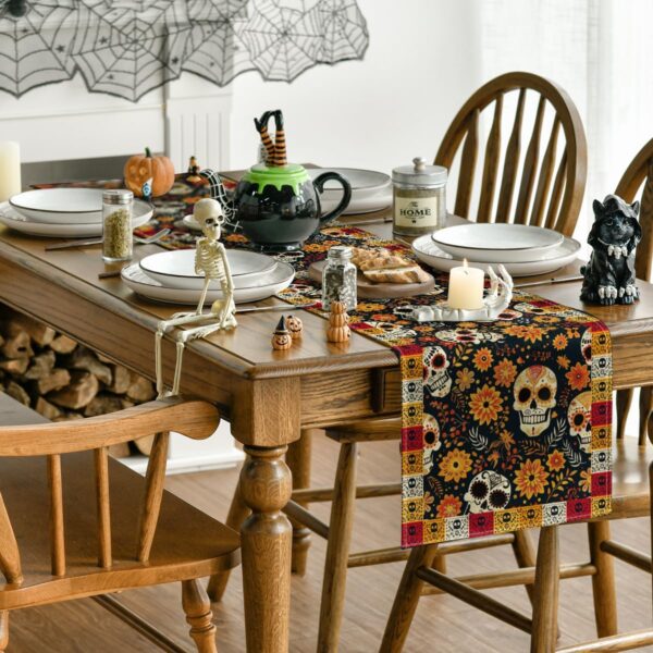 Artoid Mode Sugar Skull Yellow Daisy Day of The Dead Table Runner, Dia De Los Muertos Mexican Kitchen Dining Table Decoration for Home Party Decor 13x72 Inch - Image 4