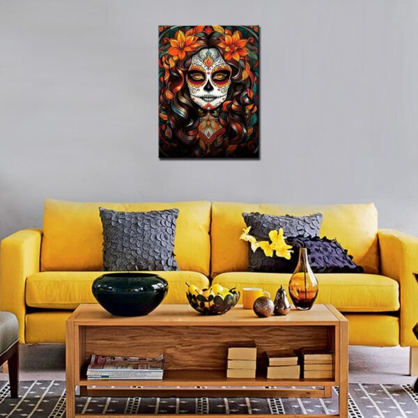 Santa Muerte Diamond Painting Sugar Skull Girl Artwork Fashion Halloween Makeup Wall Art 5D DIY Full Drill Crystal Pictures Autumn Floral Diamond Art for Adult Bedroom Home Decor(16''Wx 12''H) - Image 4