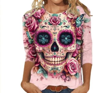 Día De Los Muertos Shirts for Women Mexican Day of Dead T-Shirts Fall 3/4 Sleeve Tunic Tops Crewneck Pullover Blouse
