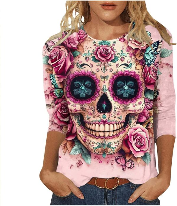Día De Los Muertos Shirts for Women Mexican Day of Dead T-Shirts Fall 3/4 Sleeve Tunic Tops Crewneck Pullover Blouse