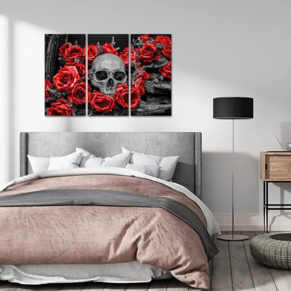 OuElegent 3 Piece Human Skull Canvas Wall Art Sugar Skull with Red Rose Flower Painting Pictures Gothic Halloween Prints Artwork for Living Room Bedroom Wall Decor Ready to Hang - Image 5
