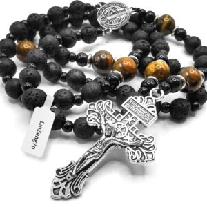 Volcanic stone rosary beads catholic for men,Rosary Necklace for men with medal & cross,Handmade black stone Beads St.Benedict Rosary Cross Necklace Catholic Gifts