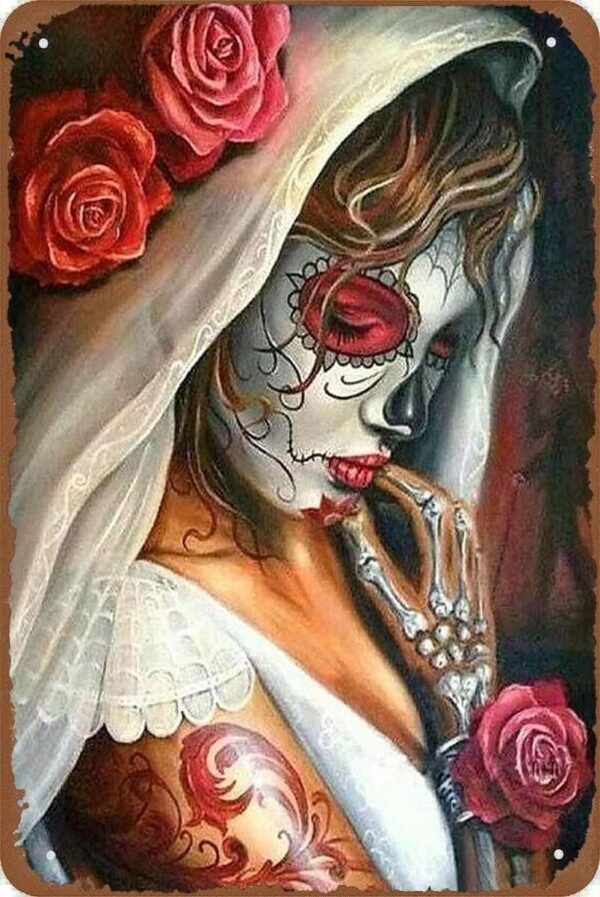 Rustic Metal Tin Sign Sugar Skull Beauty Retro Art Wall Decor Antique Tin Sign Vintage Advertising Metal Tin Sign Farmhouse Coffee Shop Street Garden Garage Door Shop Metal Signs 8x12 Inch