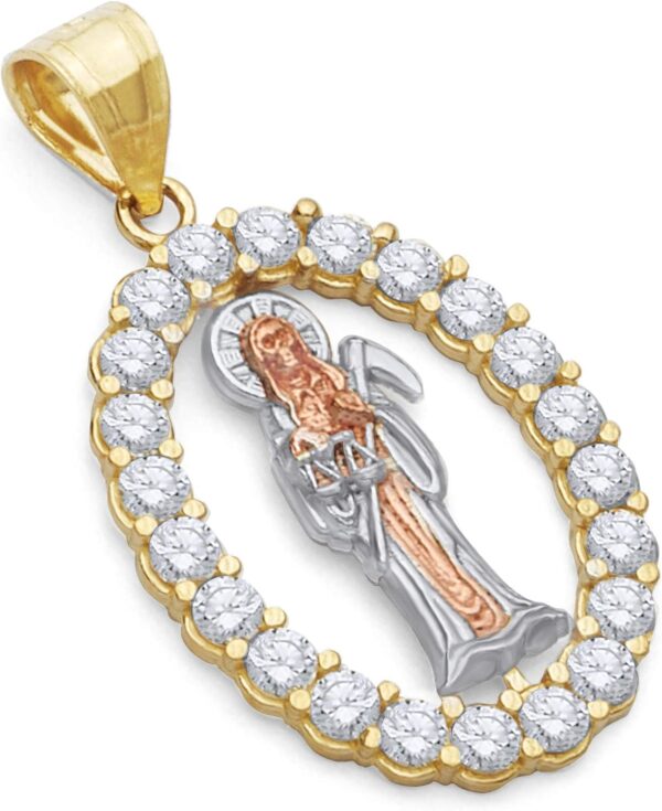 14k REAL Tri Color Gold CZ Santa Muerte Charm Pendant (Size : 24 x 15 mm)