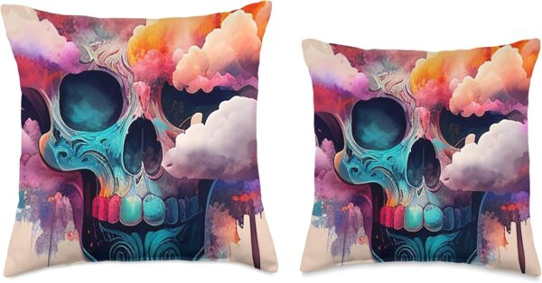 Watercolor Skull in Rainbow Clouds Dia De Los Muertos Art Throw Pillow, 18x18, Multicolor - Image 3