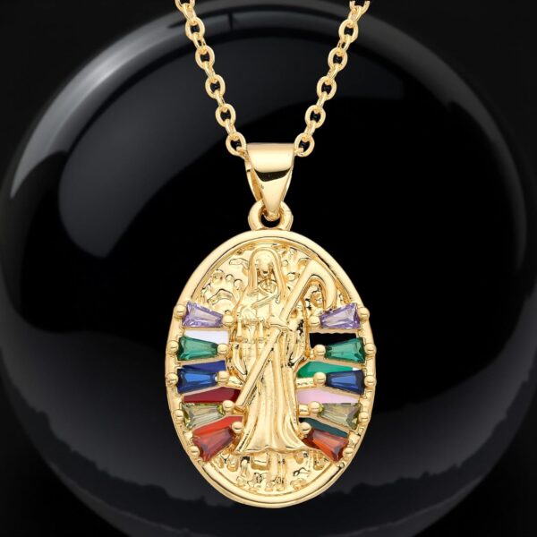 Mai & Claire 14K Gold Filled Santa Muerte Necklace For Men And Women - La Santa Muerte Pendant Chain Cubic Zirconia Holy Death Religious Catholic Jewelry Gift, Memento Mori Necklace - Image 3