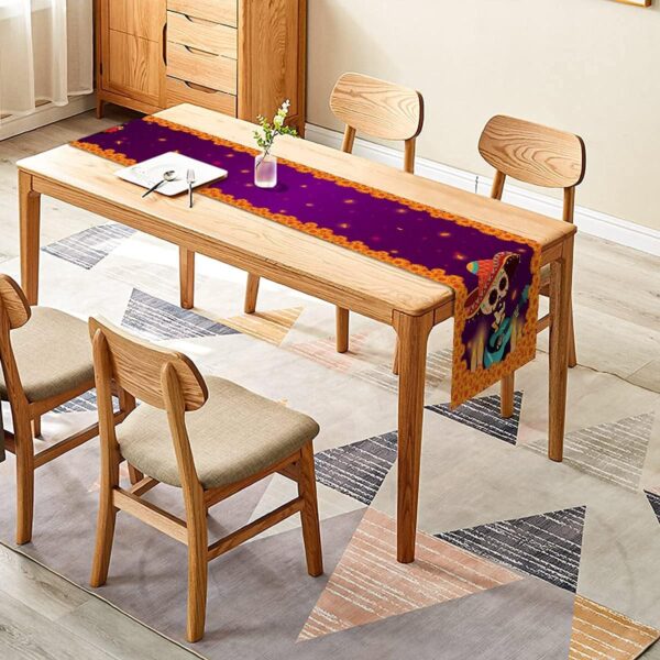 Sugar Skull Table Runner Mexico Dia De Los Muertos Marigold Coco Rustic Linen Day of The Dead Altar Decoration for Home Kitchen Dining Room -13x72 inch - Image 4