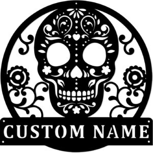 Personalized Sugar Skull Metal Sign, Custom Skull Wall Art For room Decor, Man Cave Decor,Skull Metal Art,Skull Name Sign,Skull Wall Hanging (Style-1)
