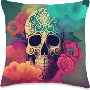 Watercolor Skull in Rainbow Clouds Dia De Los Muertos Art Throw Pillow, 16x16, Multicolor
