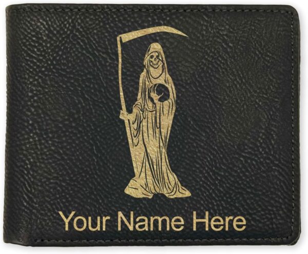 LaserGram Faux Leather Bi-Fold Wallet, Santa Muerte, Personalized Engraving Included (Black with Gold)