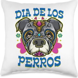 Dia De Los Perros Quote Sugar Skull Pitbull Dog Lover Throw Pillow, 16x16, Multicolor