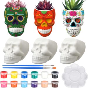 Beeveer 6 Sets Mexican Sugar Skull Crafts for Adults Skulls to Paint Skeleton Planter Paintable Ceramics Classroom Paintable Plant Pots to Paint for DIY Project Activity Decor