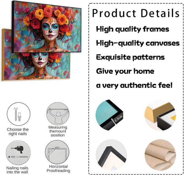 Day of The Dead Canvas Print, Dia De Los Muertos Canvas Wall Art, Woman in Calavera Makeup Art, Sugar Skull Witch Print, Dia De Los Muertos Picture Wall Decor, Mexican Dia De Los Muertos (Black Framed, 36"x24"|92x62cm) - Image 5