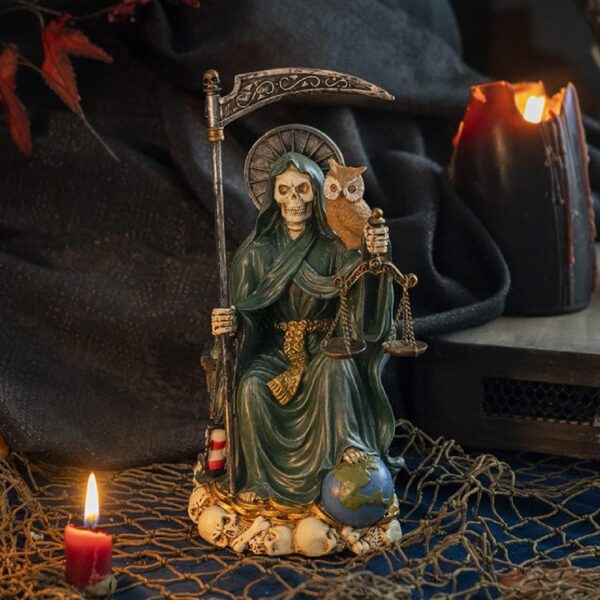 Pacific Giftware Pacific Trading Sitting Santa Muerte Green Gown with Owl Figurine Death 9 Inch - Image 5