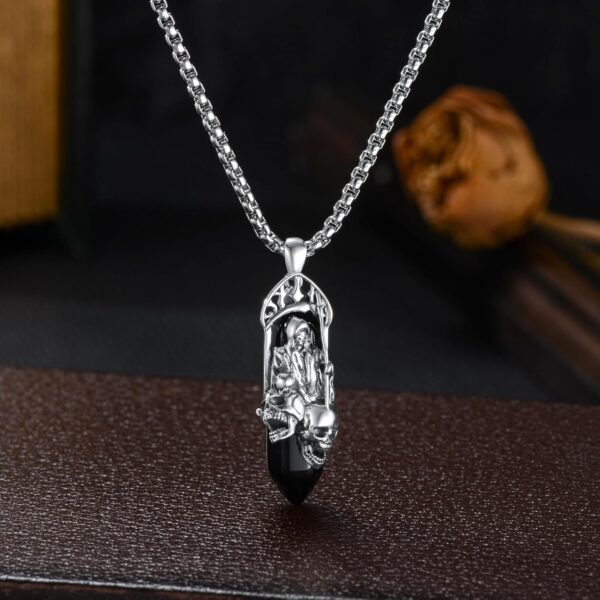 Santa Muerte Necklace 925 Sterling Silver Black Obsidian Grim Reaper Pendant Necklace Jewelry for Men Women, w/Stainless Steel Chain 22''+2'' - Image 4