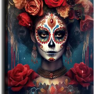 BcodoN Day of The Dead (Dia De Los Muertos) Themed Skull with Flowers Canvas Poster Print Modern Wall Art Painting Picture Living Room Home Home Decoration Art Gift (24×36inch,Unframed)