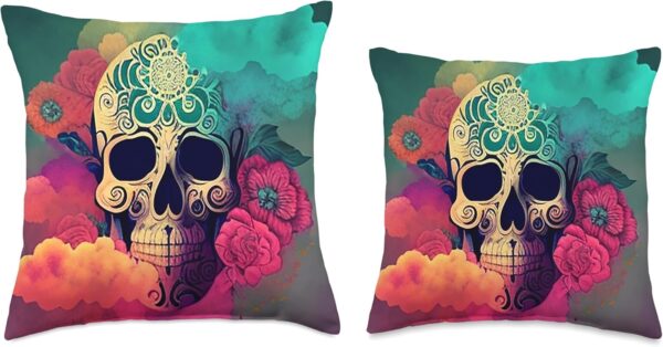 Watercolor Skull in Rainbow Clouds Dia De Los Muertos Art Throw Pillow, 16x16, Multicolor - Image 3