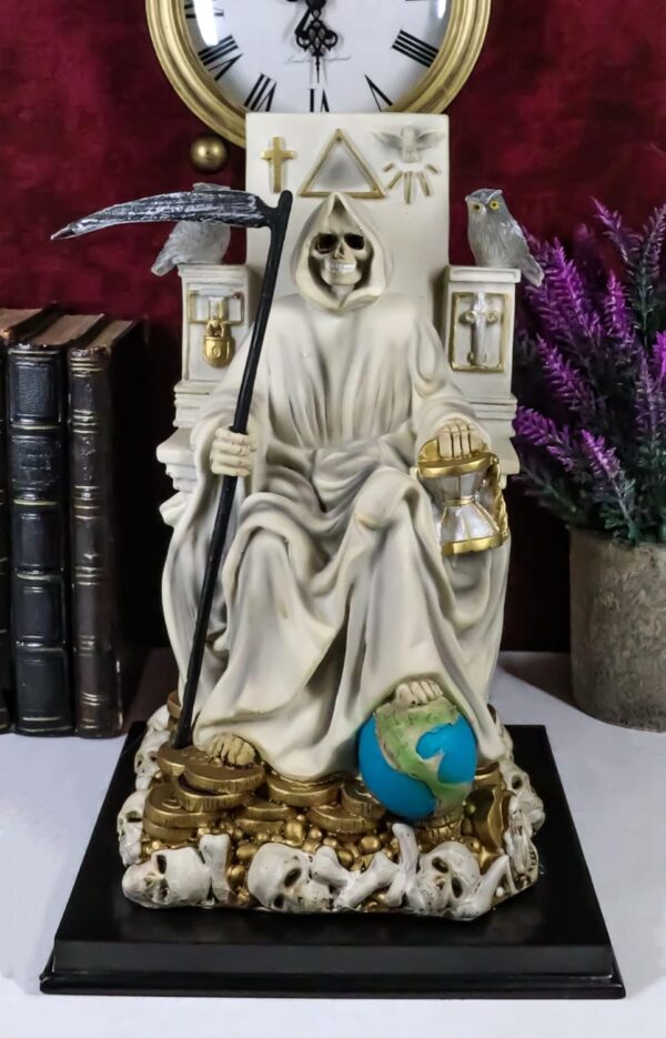 Ebros White Robe Santa Muerte Holy Sacred Death Bone Mother Seated On Throne with Scythe Statue Patron of Protection Healing Purity Figurine Day of The Dead Decorative Sculpture - Image 9