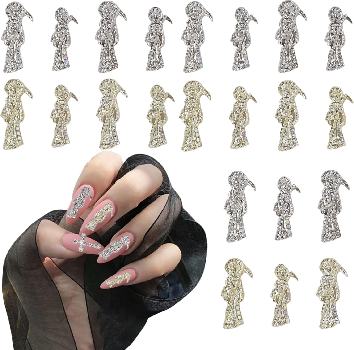 16 pcs Luxury 3D Embossed San Judas Nail Charms,Gold and Silver Death Buddha Statue Nail Art Jewelry Luxury Nail Gems with Rhinestone Halloween Nail Art Decorations Supplies Accessories