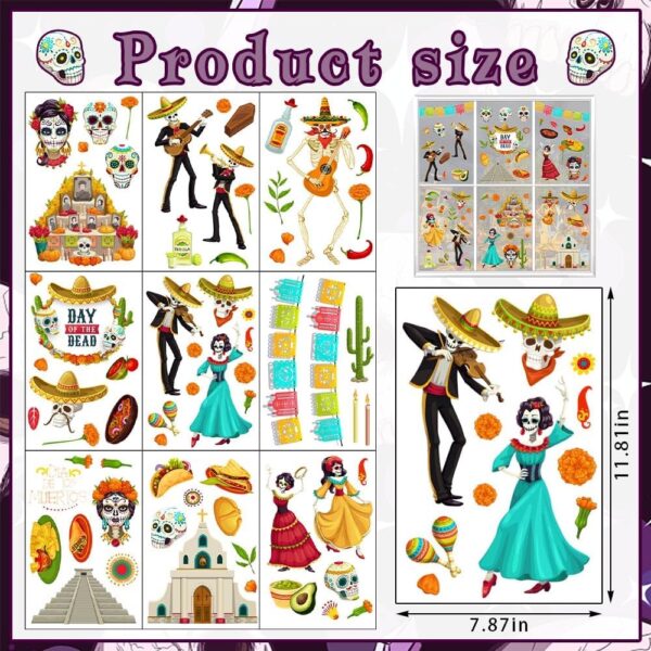 9PCS Dia de Los Muertos Window Clings Decals for Glass Windows Removable, Double-Side Sugar Skull Day of The Dead Window Sticker for Mexican Supplies Party Decoration Accessories - Image 2