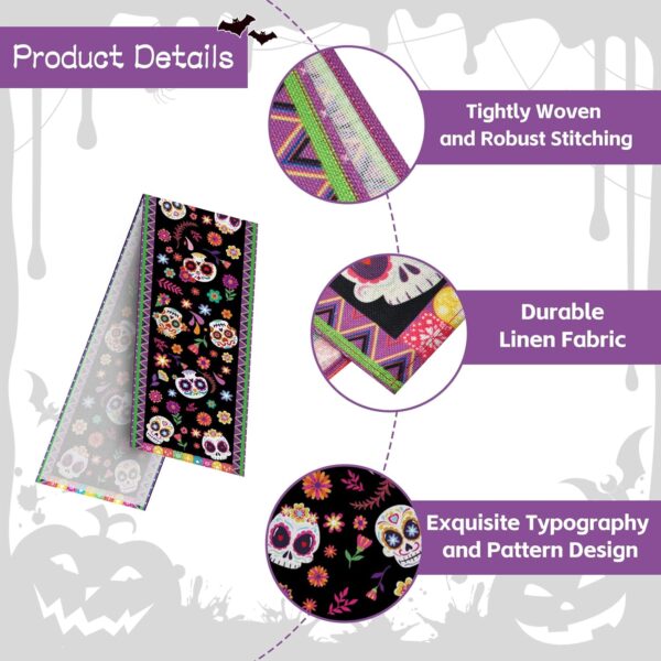 Day of The Dead Table Runner 72 x 13 Inch Decorations, Dia De Los Muertos Sugar Skull Mexican Fiesta Carnival Table Cover Decor, Rustic Linen Altar Themed Party Supplies for Home Kitchen Dining Mantel - Image 3