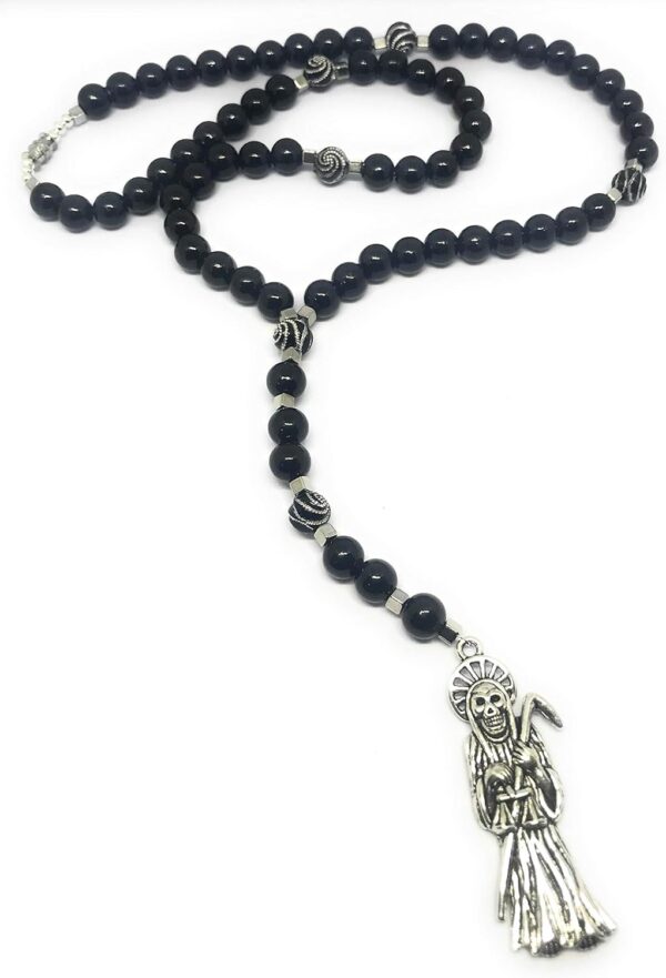 Acrylic Holy death's necklace, rosary style. Collar de la Santa Muerte de acrilico estilo rosario. Grim reaper Y style necklace.