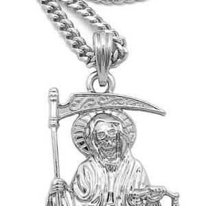 MENS SANTA MUERTE OUR LADY OF HOLY DEATH PENDANT BOX,ROPE CUBAN CHAIN NECKLACE (Cuban Chain Silver)