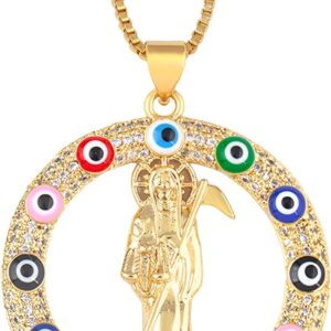 Mai & Claire 14K Gold Filled Santa Muerte Necklace For Women And Men - Santa Muerte Pendant Chain Sickle Death Pendant European 6 Colors Zircon Religious Amulet, Memento Mori