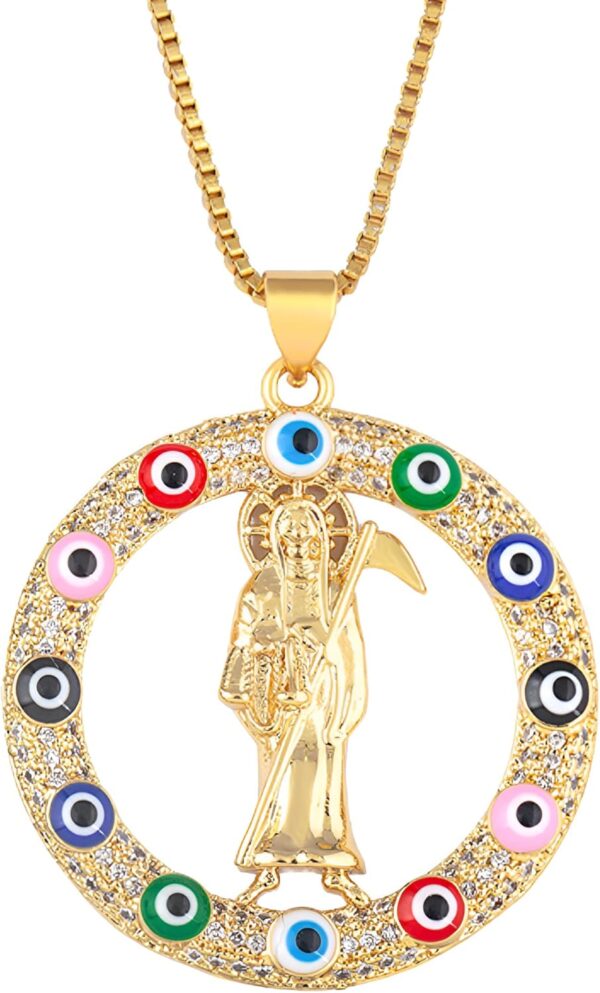 Mai & Claire 14K Gold Filled Santa Muerte Necklace For Women And Men - Santa Muerte Pendant Chain Sickle Death Pendant European 6 Colors Zircon Religious Amulet, Memento Mori