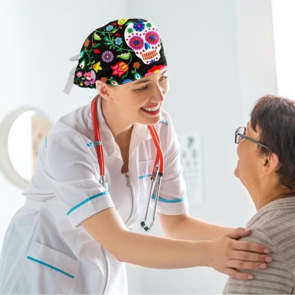 Adjustable Winter Blue Snowflake Surgical Scrub Cap with Button, Ponytail Pouch, Sweatband for Women with Bow Hair Scrunchy - Image 6