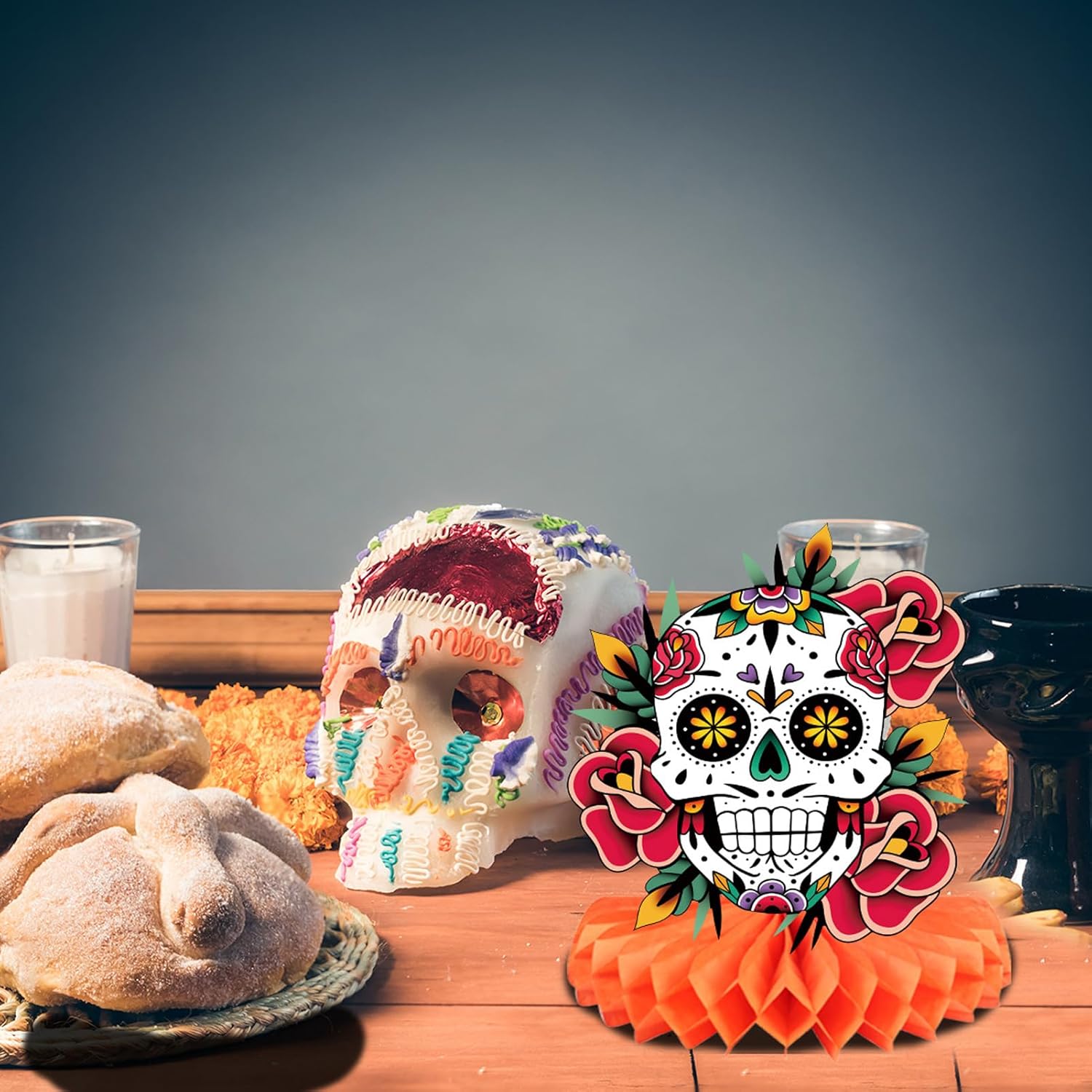 Day of The Dead Decorations - 9 Pieces Dia De Los Muertos Honeycomb Table Toppers Cutouts Sugar Skull Flowers Centerpieces Day of The Dead Decor Mexican Party Supplies - Image 3