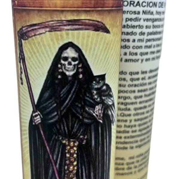 Santa Muerte peticion de venganza 14 oz vaso grande una pieza prayer candle one piece 14 oz tall glass oración al reverso en español Blanca sin aroma - Image 3