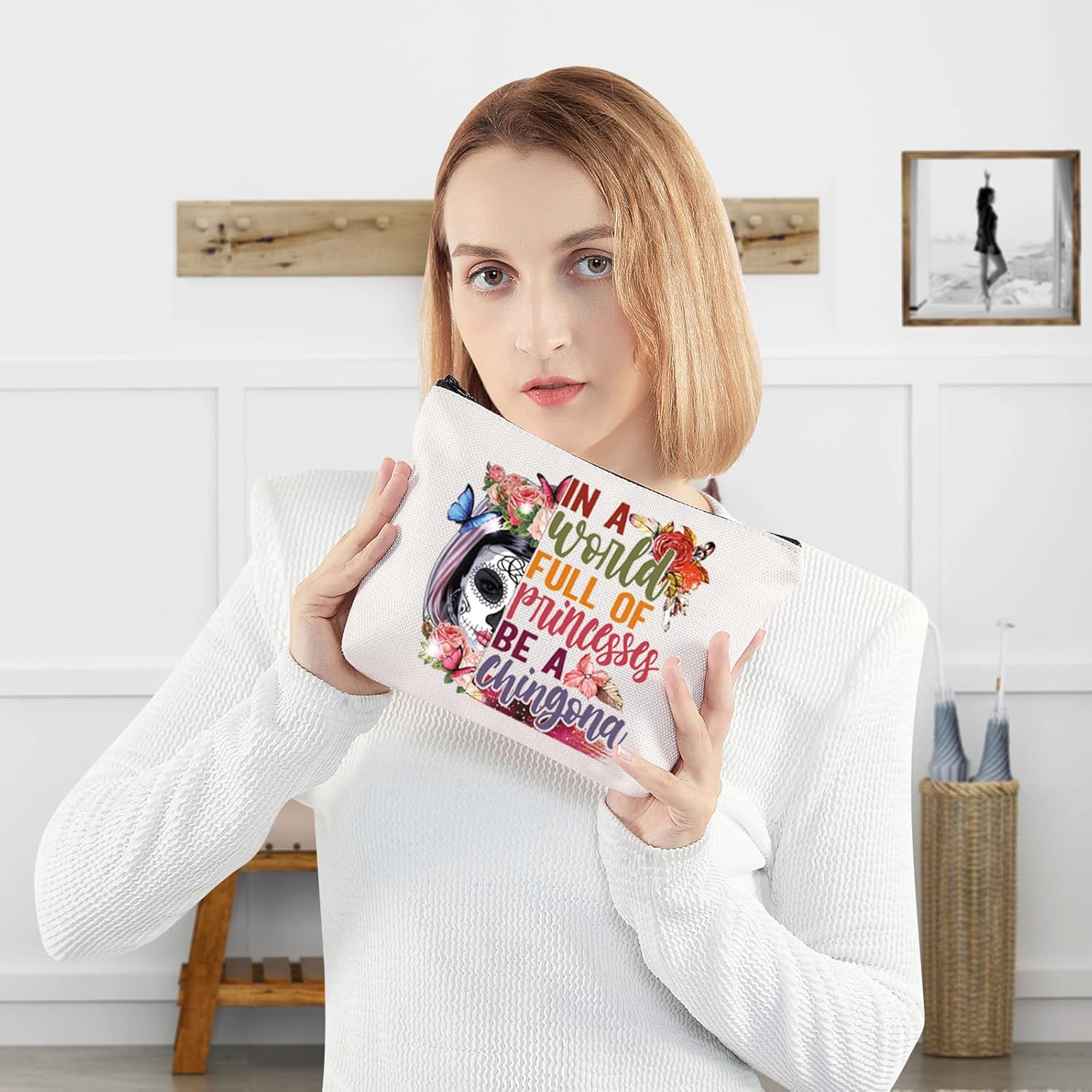 WZMPA Sugar Skull Cosmetic Makeup Bag Mexican Dia De Los Muertos Gift In A World Full Of Princesses Be A Chingona Zipper Pouch Bag For Women Girls (Be Chingona) - Image 4