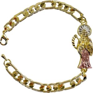 Gold Plate Santa Muerte Chain ID Bracelet For Women Men, La Santa Muerte Goth For Gifts, Mexican Skull Grim Reaper Jewelry