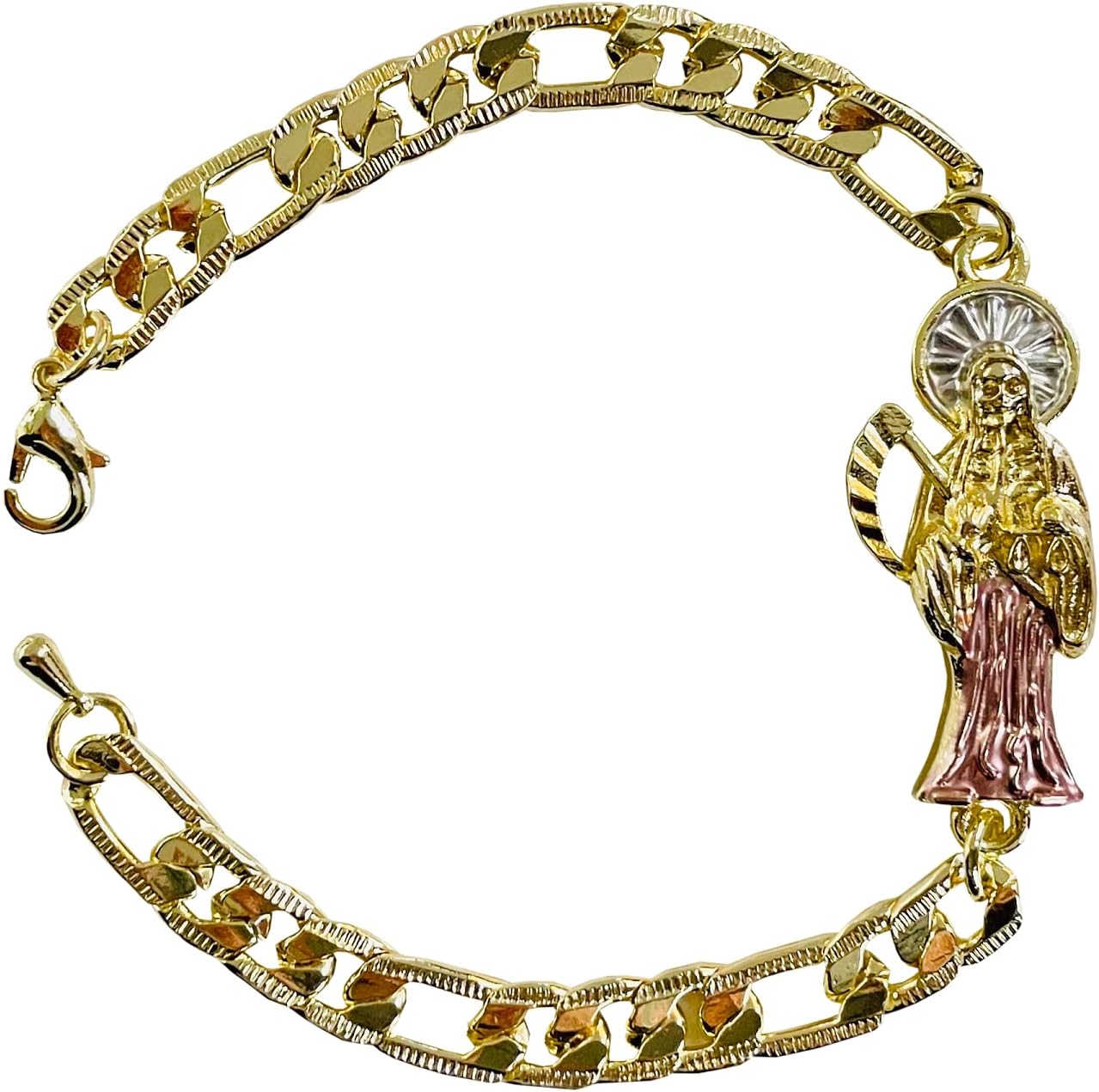Gold Plate Santa Muerte Chain ID Bracelet For Women Men, La Santa Muerte Goth For Gifts, Mexican Skull Grim Reaper Jewelry