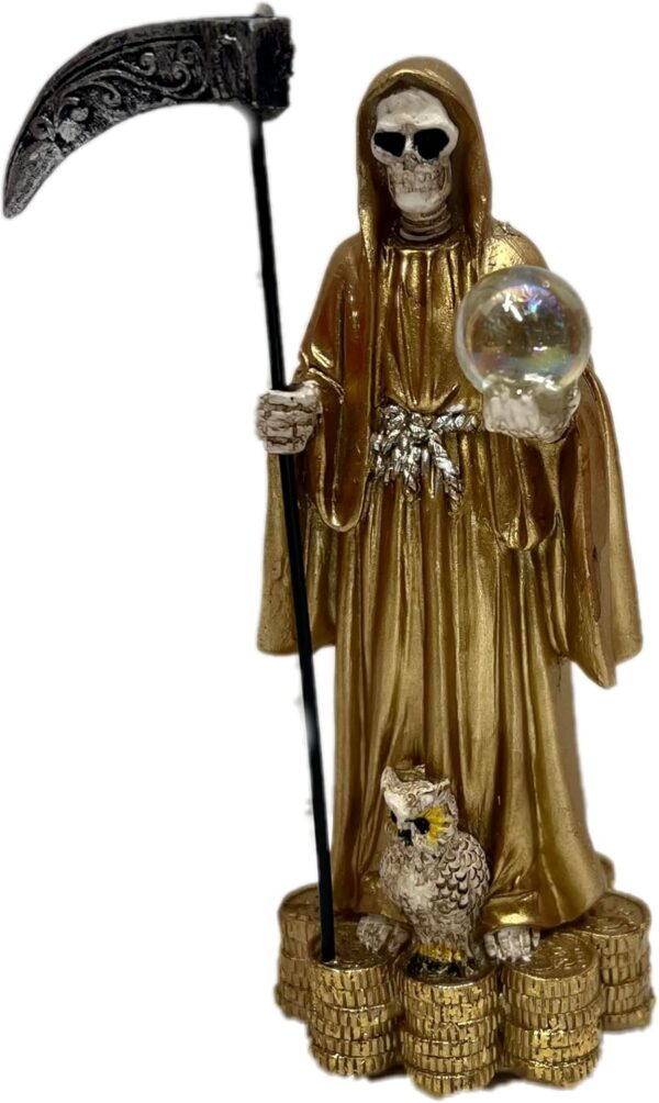 Santa Muerte Holding Scythe in Gold Robe Statue 5.5" Inch Skull,Skeleton