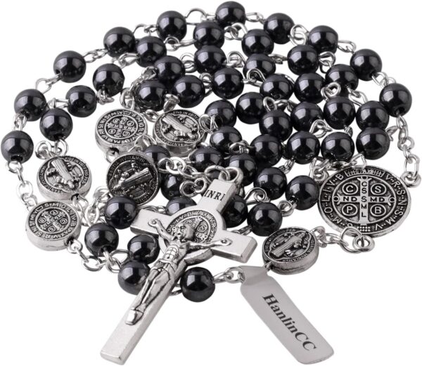 HanlinCC 6mm Hematite Stone Black Beads Catholic Saint Benedict Rosary Necklace for Men and Boy with St.Benedict Center Piece and Crucifix with Metal Gift Box - Image 2