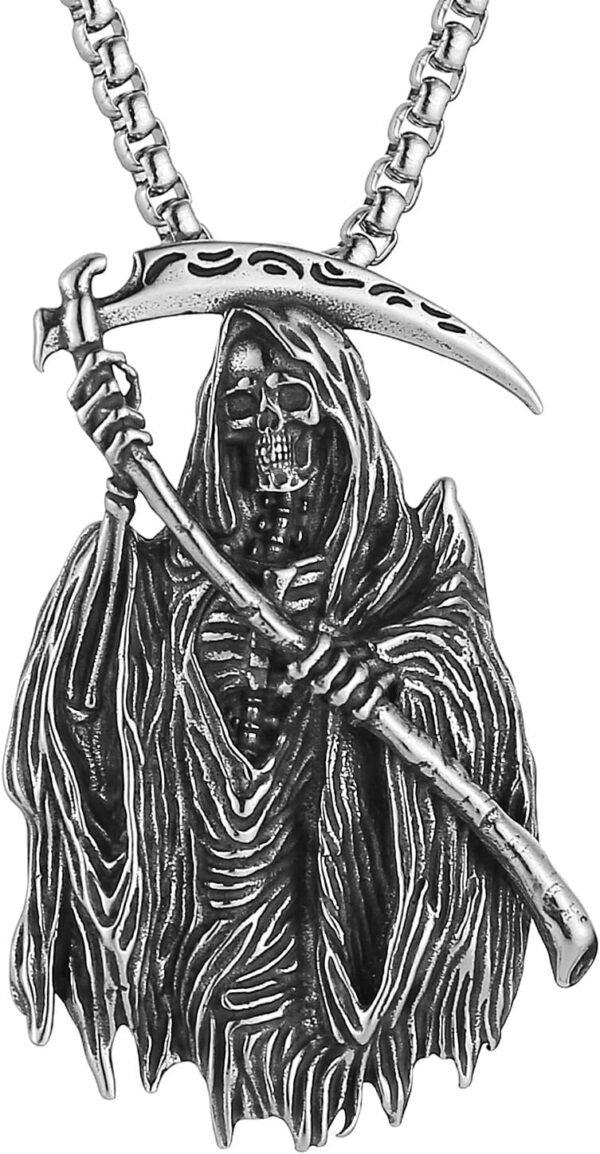 HZMAN Santa Muerte Necklace for Men Stainless Steel Gothic Grim Reaper Saint Death Sickle Skull Pendant Necklace Jewelry Gift