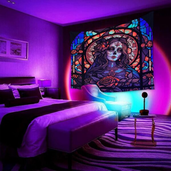 RILACON Day of The Dead Black Light Reactive Tapestry Rose Suger Skull Wall Hanging Tapestry Glow in the Dark Church Skeleton Poster Trippy Wall Art Decor for Bedroom Living Room - Image 4