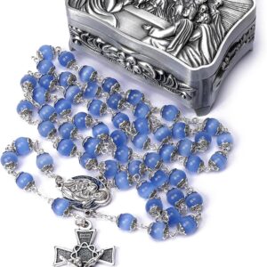 Rosary Beads Catholic for Woman - Italy 8-9mm AAA+ Natural Blue Cat Eyes Gemstone Rosary Beads.