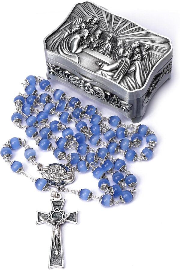 Rosary Beads Catholic for Woman - Italy 8-9mm AAA+ Natural Blue Cat Eyes Gemstone Rosary Beads.