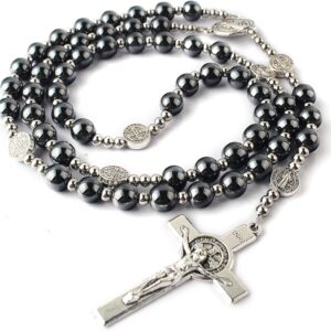 HanlinCC 8mm Hematite Rosary Black Stone Beads with 4mm Stainless Steel Beads and St.Benedict Metal Beads Rosary Necklace for Men and Womens
