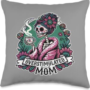 Coffee Obsessed Skeleton Mom Dia de los Muertos Art Throw Pillow