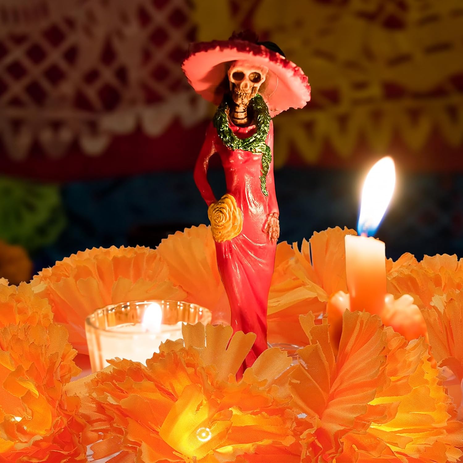 3 Pack Lighted Marigold Garland 10 LED Artificial Marigold Flowers String Lights Dia de Los Muertos Day of The Dead Decorations for Halloween Diwali Indian Party (3, 5 Ft 10 LED) - Image 6