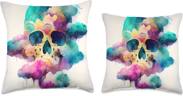 Watercolor Skull in Rainbow Clouds Dia De Los Muertos Art Throw Pillow, 18x18, Multicolor - Image 3