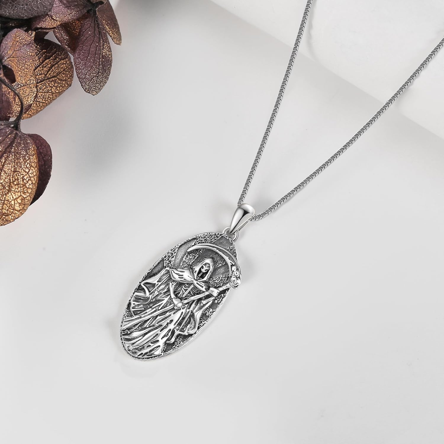 Santa Muerte Necklace 925 Sterling Silver Oxidation Grim Skull with Scythe Pendant Necklace Santa Muerte Jewelry for Men - Image 4