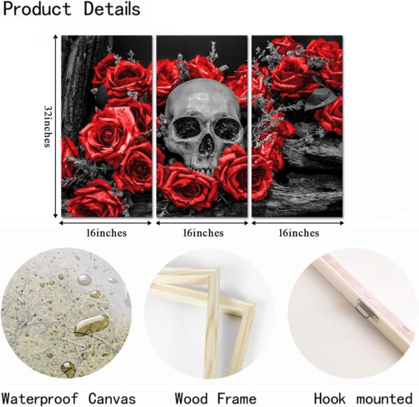 OuElegent 3 Piece Human Skull Canvas Wall Art Sugar Skull with Red Rose Flower Painting Pictures Gothic Halloween Prints Artwork for Living Room Bedroom Wall Decor Ready to Hang - Image 6