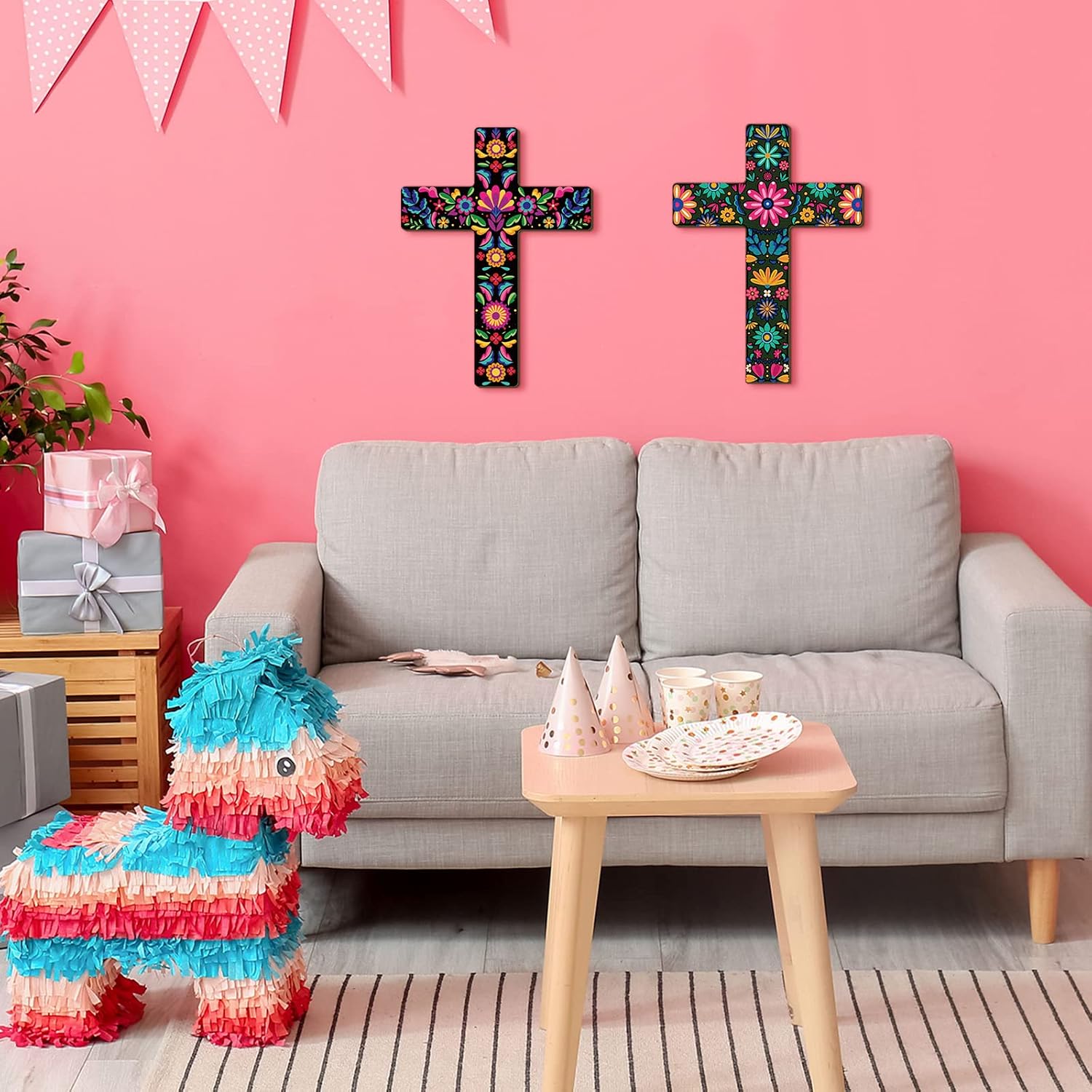 Pinkunn 2 Pcs Floral Cross Wall Decor Mexican Cross Decor Hand Painted Wood Wall Art Mexican Wall Art Spanish Style Crucifix Wall Cross for Home Room Church Decoration (8.7 x 11.8 inches) - Image 5